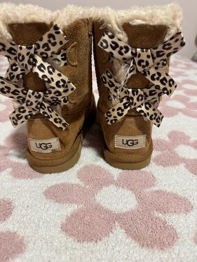 UGG Chestnut Suede Kids Boots with Leopard Bow Detail